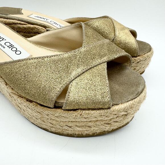 Jimmy Choo Paisley Crisscross Espadrille Wedge Sandals in Gold Shimmer Size 37 - Picture 2 of 11